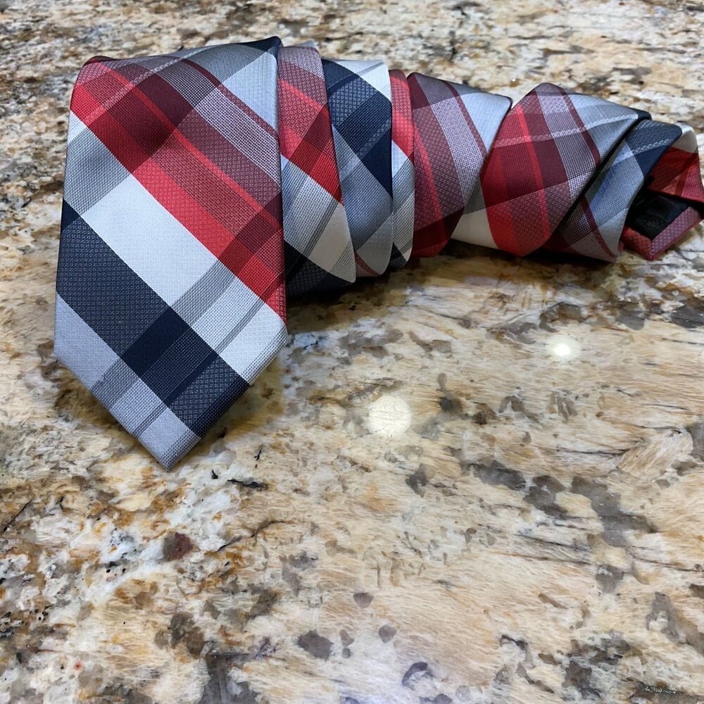 NWT EXPRESS Silk Blend Tie Red Gray Navy Plaid Mens Skinny Designer Necktie NEW